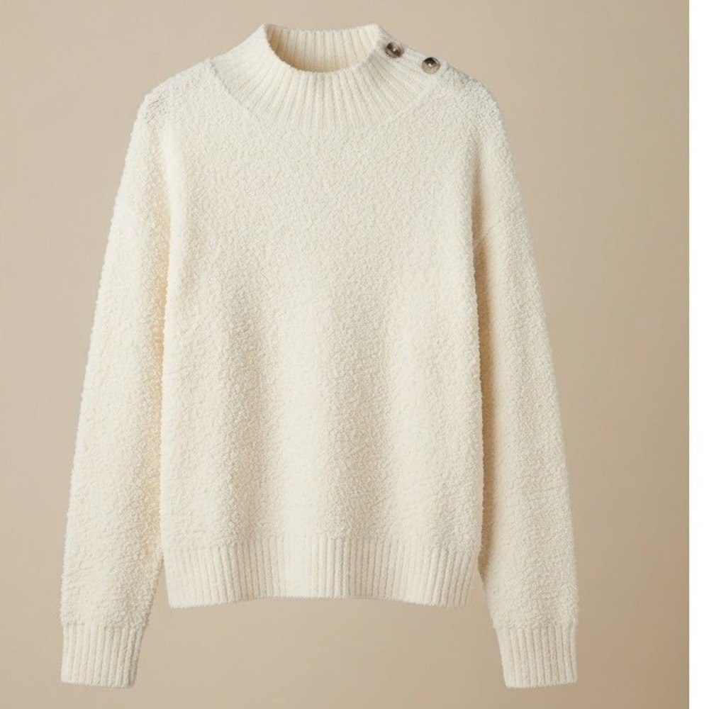 Talbots Womens XL Ivory Boucle Mock Neck Button Shoulder Cozy Minimalist Sweater